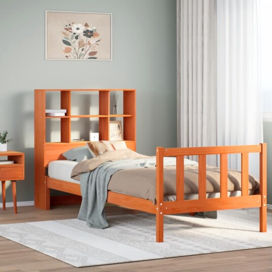  Seng med bokhylle uten madrass voksbrun 100x200 cm heltre furu 8721158605078