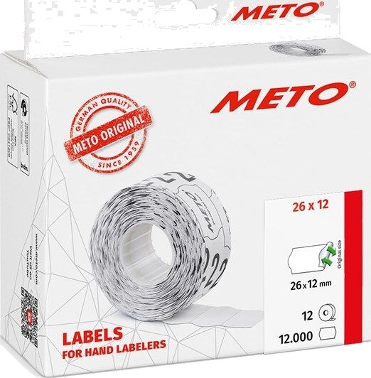 METO Prisetiketter avtak. 26x12mm, hvit, 12rl/1000