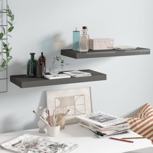 vidaXL Flytende vegghyller 2 stk h?yglans gr? 60x23,5x3,8 cm MDF