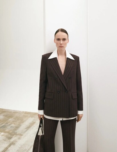 Mango Double Breasted Pinstripe Suit Jacket   Brown   XL