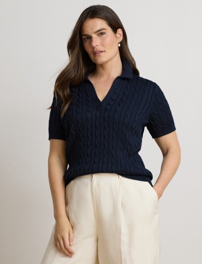 Lauren Women Cable Cotton Blend Short Sleeve Sweater Navy XXXL Lauren Women Cable Cotton Blend Short Sleeve Sweater Navy XXXL