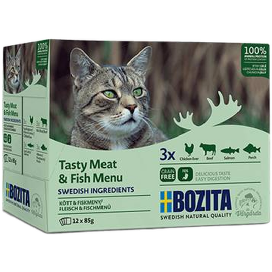 Bozita Katt Pouch Multibox 85 g x 12 Stk Kjøtt og Fisk i Gelé Våtfôr