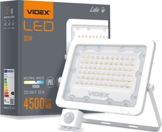 Videx 50W LED lyskaster med sensor   130lm/W IP65 5000K grå utendørs arbeidslampe   Kulør : Nøytral