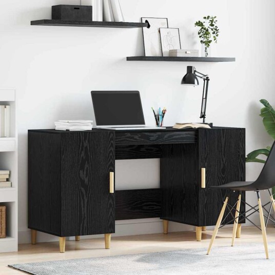vidaXL Skrivebord med hylle Svart Eik 140 x 50 x 75 cm Konstruert tre