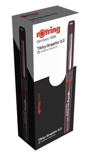 DYMO rOtring Tikky Graphic Fibre Tip Pen  .3 mm  Svart Ink  Burgundy Barrels  Box of 12