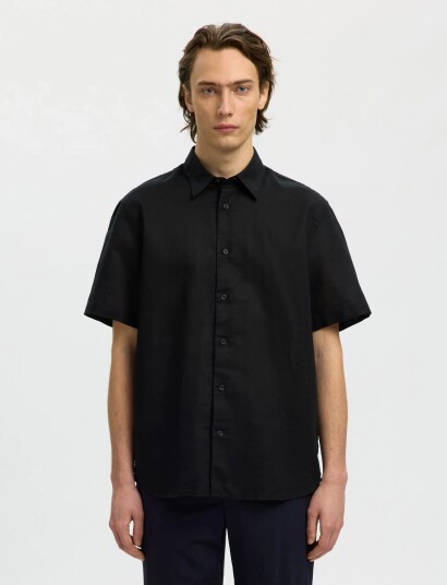 Selected Slmregclaus Clay Linenblend Ss Sht Noos   Black   S