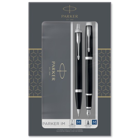 Parker IM Duo Gift Set with Ballpoint Pen & Fountain Pen  Gloss Svart with Chrome Trim  Blå Ink Refill & Cartridge  Gift Box