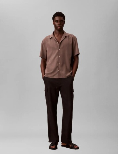 Calvin Klein Ss Camp Collar Drapey Lyocell Ea Brown XXL