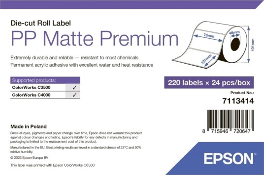 Epson Premium   Polypropylen Pp   Matt   Permanent Akryl Adhesiv   76 X 127 Mm 5280 EtikettEr 24 RullEr X 220 Stanseskårne Etiketter