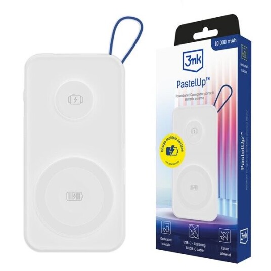 3Mk Pastelup, 10000 Mah, Trådløs Lading, 3,7 V, 22,5 W, Hvit