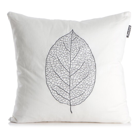 Enjoy Design Pute Roma hvit med brodert blad i grått 50x50cm
