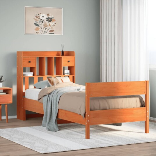 Seng med bokhylle uten madrass voksbrun 75x190 cm heltre furu 8721158618399 Seng med bokhylle uten madrass voksbrun 75x190 cm heltre furu 8721158618399