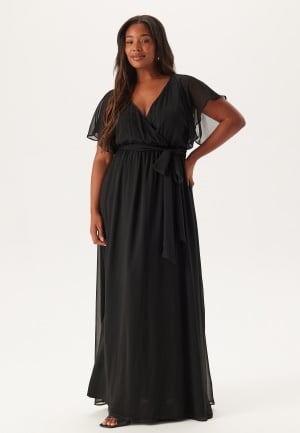 Goddiva Curve Flutter Sleeve Chiffon Maxi Curve Dress Black 46 UK18