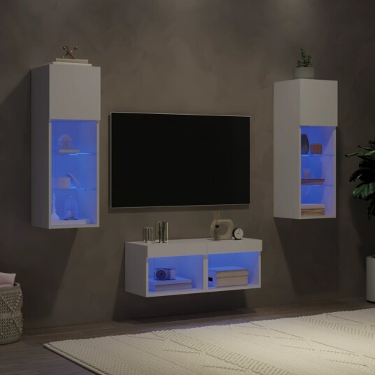 Vegghengte TV benker med LED 4 stk hvit