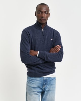 Lammeullsgenser med half-zip DARK NAVY MELANGE M Lammeullsgenser med half-zip DARK NAVY MELANGE M