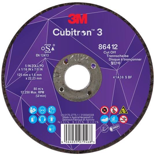 3M 86412, Metallkuttende Skive, Metall, Ceramic Fibre, 12250 Rpm, Rund, 2,22 Cm