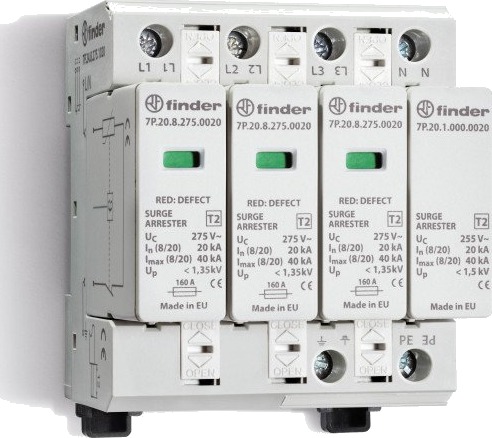 Finder Transientbeskyttelse Type 2, 3P+N, TT OG TNS, 20KA Finder Transientbeskyttelse Type 2, 3P+N, TT OG TNS, 20KA
