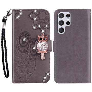 Samsung Galaxy S24 Ultra Ugle Rhinestone Lommebok-deksel grå