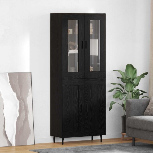  Høyskap 2 pcs Svart Eik Sponplater og glass