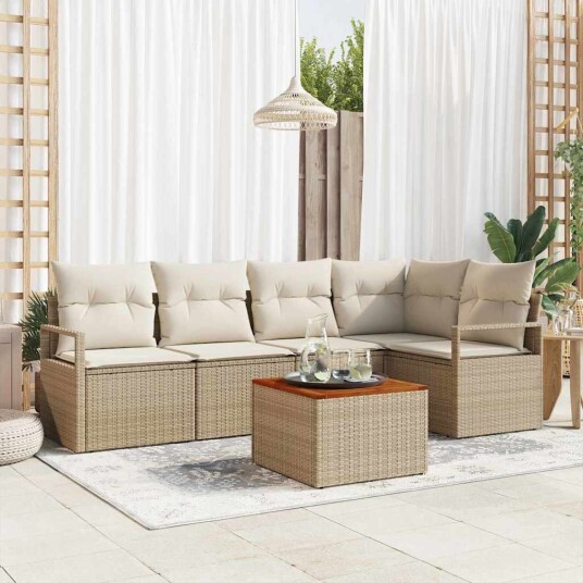 6-delt hagesofa-sett med puter i beige poly rattan og akasie