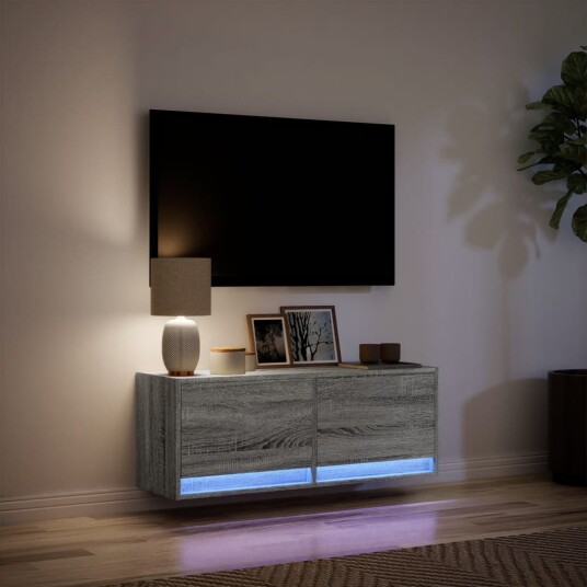 Vegghengt TV-benk med LED grå sonoma 100x31x35 cm 852367