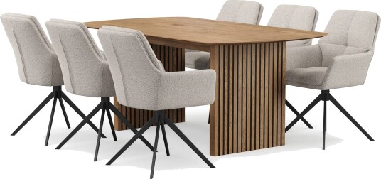 Richeto spisegruppe 180 cm med 6 Torsby snurrestoler - Naturlig finish/mørkbeige