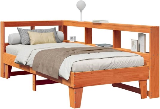 Seng med bokhylle uten madrass voksbrun 90x190 cm heltre furu