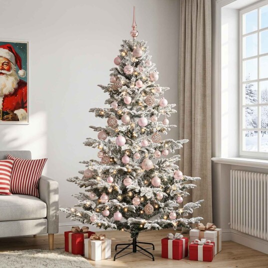 vidaXL Kunstig juletre med julekuler 240 cm 300 LED-lys Varmhvit