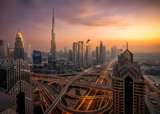Plakat Dubai Skyline Solnedgang Plakat Dubai Skyline Solnedgang
