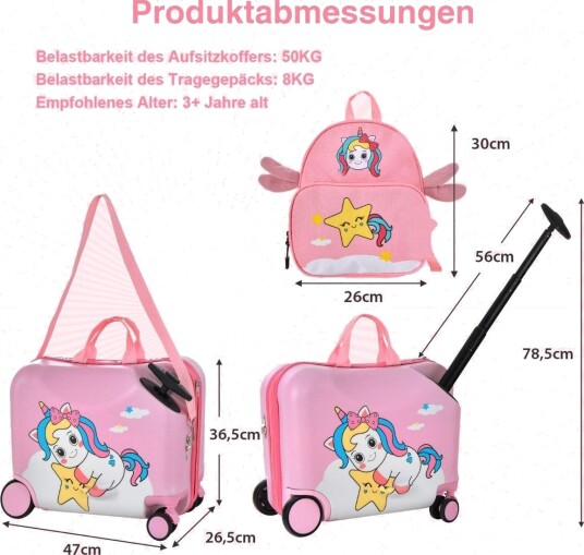 2-delt barnekoffert + ryggsekk 47 cm lang kjørekoffert og 30 cm bred ryggsekk rosa enhjørning