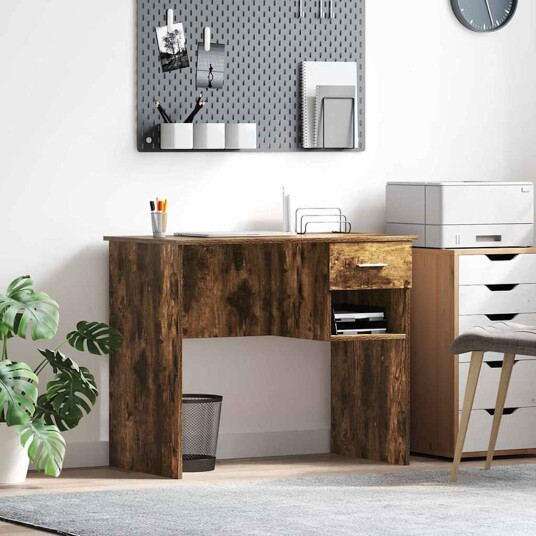  Skrivebord med lagring Røkt Eik 90x49.5x75 cm Konstruert tre
