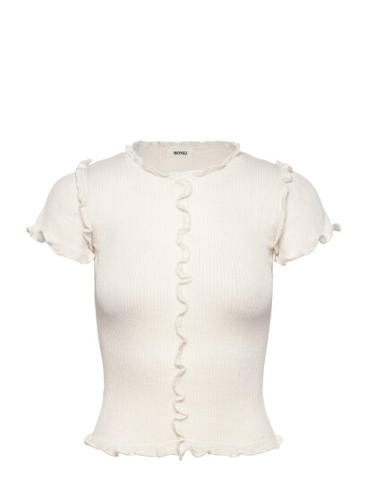 Monki Frill-Edge Ribbed Knitted Top - White - XXS