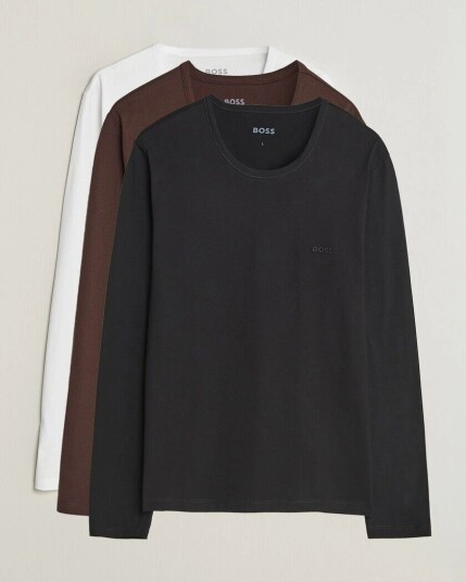 Boss BLACK 3 Pack Long Sleeve T Shirt White/Black/Brown