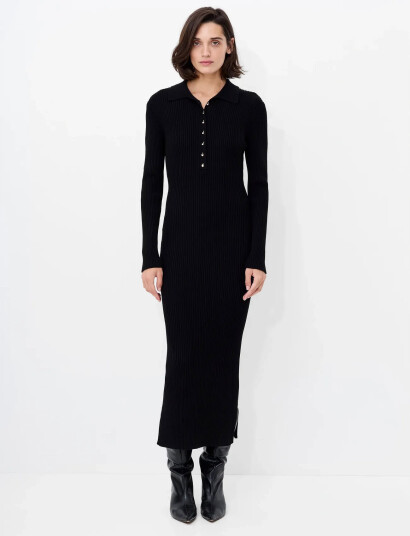 French Connection Mari L/S Collared Midi Dress - Black - S