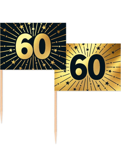 50 Stk 60 år Mat/Kakeflagg 6,5 cm - Svart og Gull 50 Stk 60 år Mat/Kakeflagg 6,5 cm - Svart og Gull