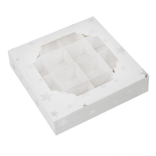 Konfekteske M/vindu Sølvstjerner 15x15x3,5cm Pk/10