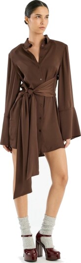 ROTATE Birger Christensen Satin Tie Shirt Dress Brown 38
