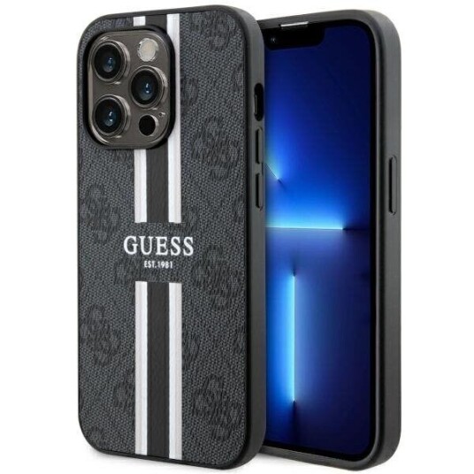 Guess iPhone 14 Pro 6,1" Hardt Etui med MagSafe og Trykte Striper - Svart