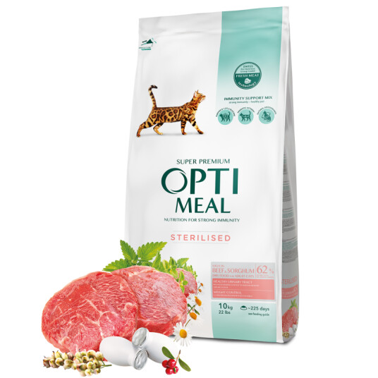 Optimeal Tørrfôr til katt for voksne og seniorer med storfekjøtt, steriliserte og urinveiskontroll, 4 kg