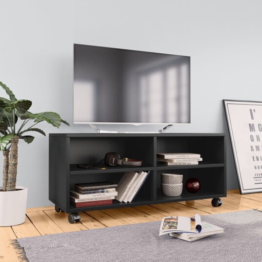 vidaXL TV-benk med hjul svart 90x35x35 cm sponplate