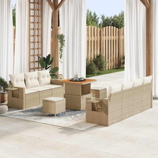 10-dels hagesofa-sett med puter i beige poly-rattan og akasietre