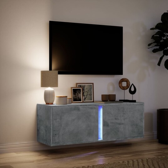 Vegghengt TV-benk med LED-lys betonggrå 100x31x35 cm