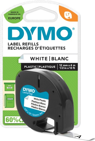 DYMO Letratag plasttape, sort på gul, 12mm x 4m rull, selvklebende