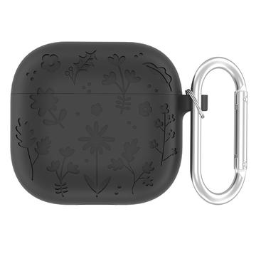 AirPods 4 Etui i flytende silikon med karabinkrok og blomstermønster mørkegrå