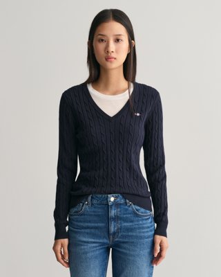 Kabelstrikket bomullsgenser med stretch og v-hals EVENING BLUE XS