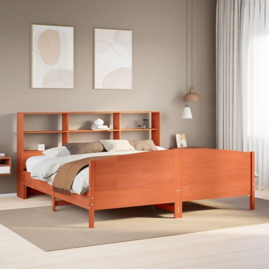 Seng med bokhylle uten madrass voksbrun 180x200 cm heltre furu 8721158618849