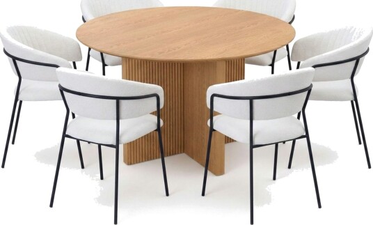 Edda spisegruppe rundt 130 cm eik med 6 Karol spisestoler Eik