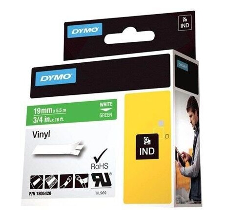 DYMO Rhino industri vinyl tape,19 mm x 5.5 m rull, hvit p grnn, selvklebende DYMO Rhino industri vinyl tape,19 mm x 5.5 m rull, hvit p grnn, selvklebende