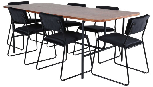 Venture Design Uno & Kenth spisegruppe Svart/natur 6 stoler & bord 200 x 90 cm