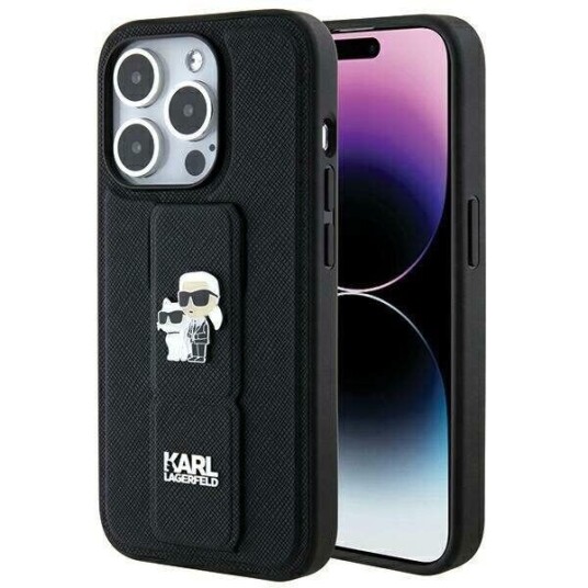 Karl Lagerfeld Hardcase Gripstand for iPhone 14 Pro 6.1" Saffiano Black med Choupette Pins
